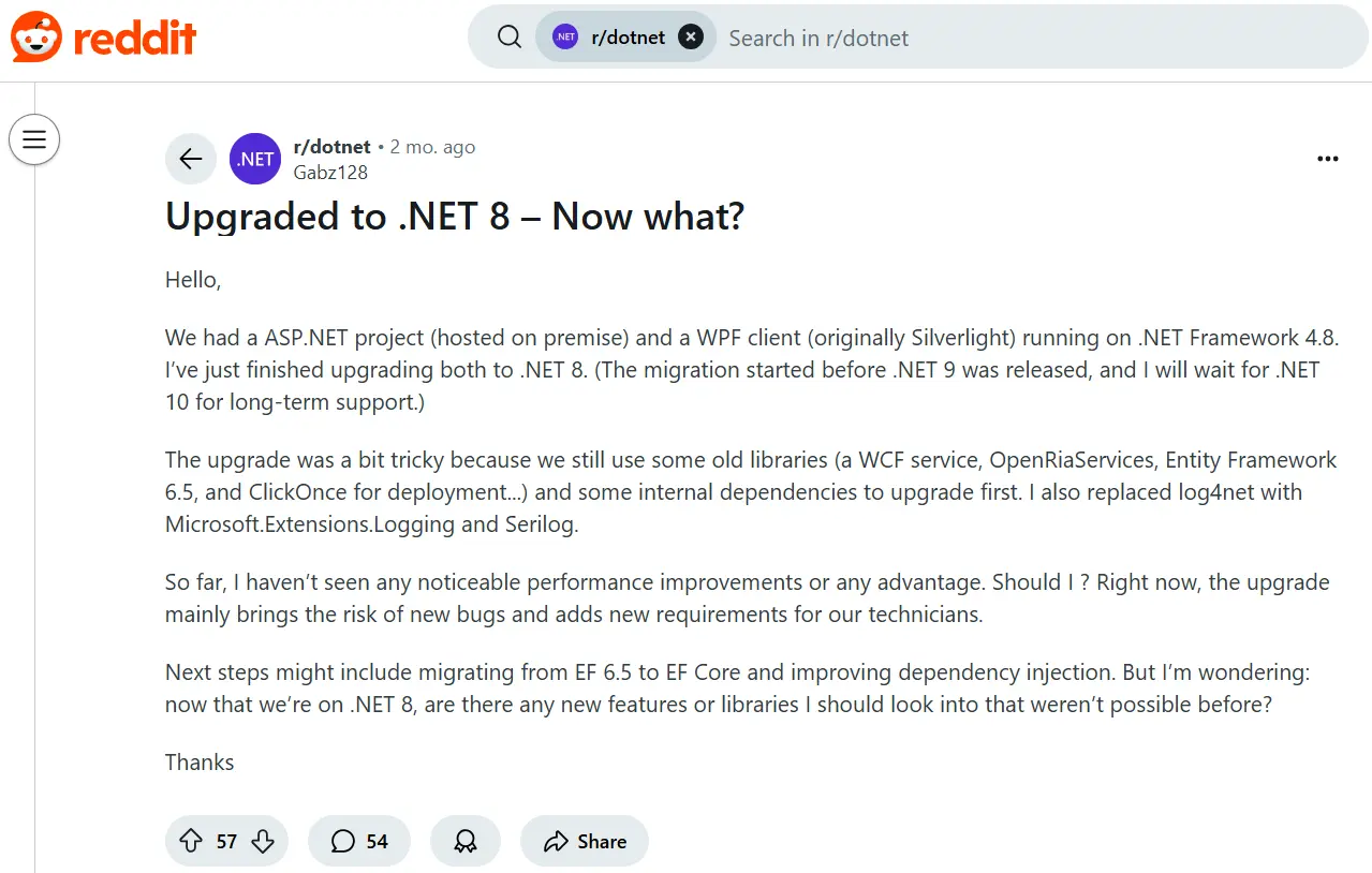 .NET 8: A Comprehensive Overview and New Features 19 Reddit- Upgraded to .NET 8